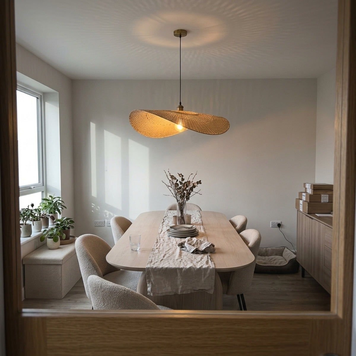 Ren Leaf Wabi Sabi Wicker Rattan Pendant Light above dining table, large leaf shades scattering even light across the tabletop without glare at eye level