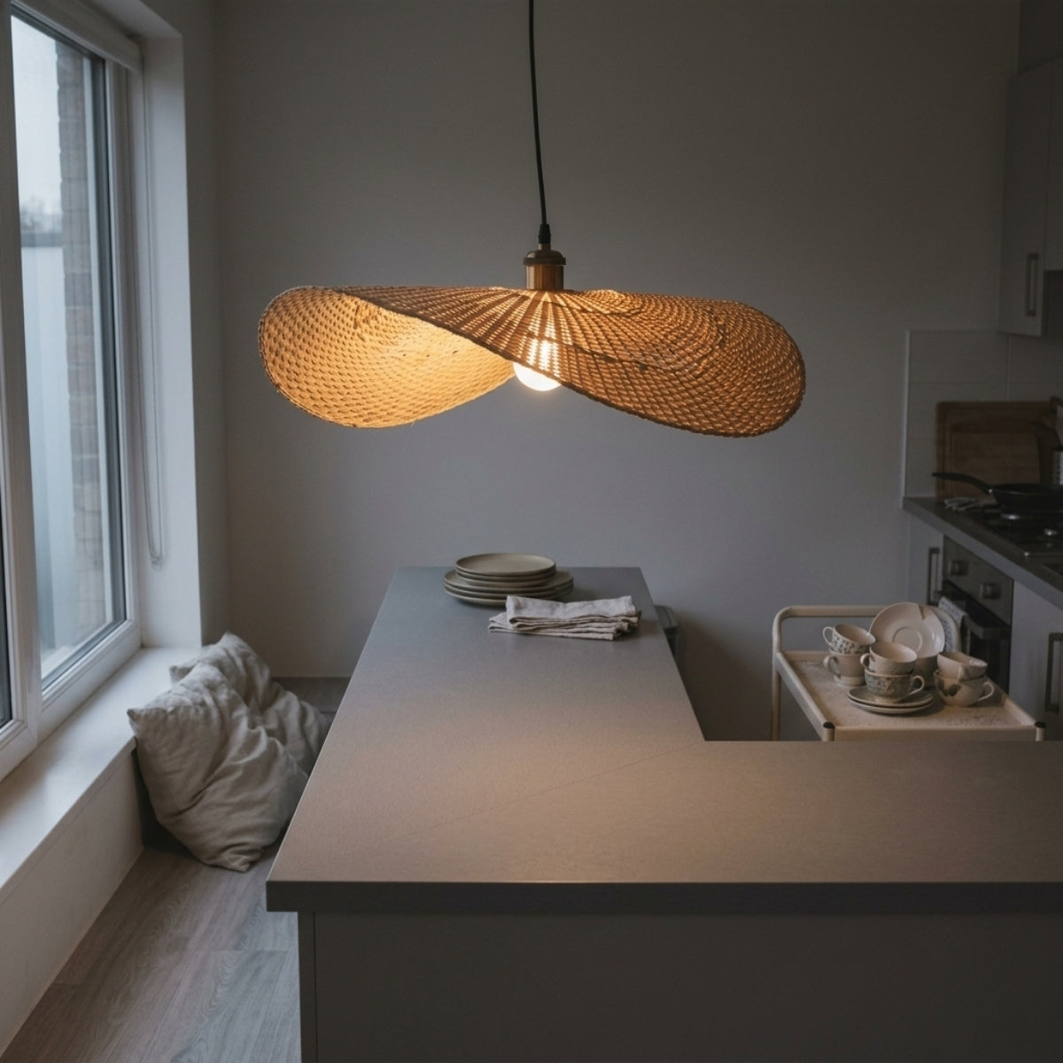 Ren Leaf Wabi Sabi Wicker Rattan Pendant Light over kitchen island, clustered mid-size leaf shades spaced evenly delivering brighter light without blocking counter sightlines