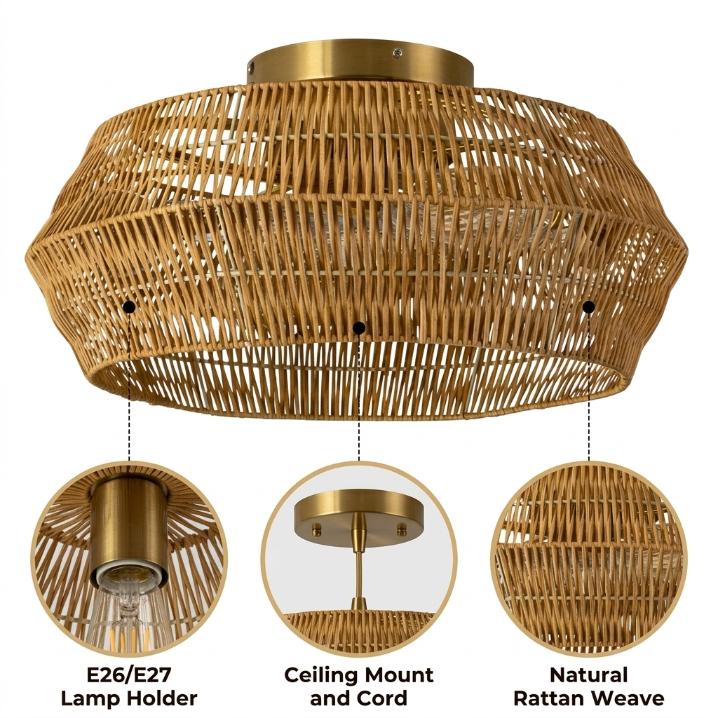 Rennnsan Boho Rattan Wicker Drum Light Semi Flush Mount with dense geometric rattan weave, low-profile mounting, natural matte finish, warm E26 balanced glow