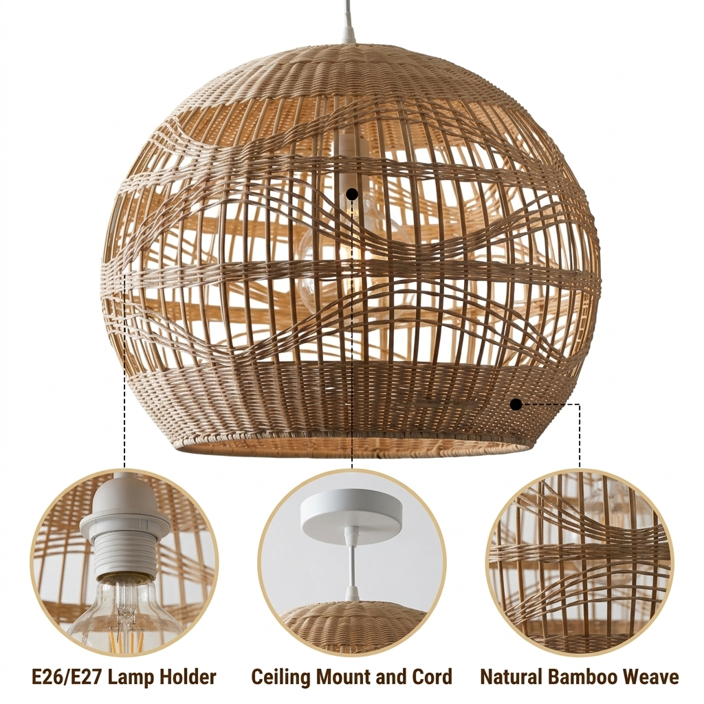 Rita Globe Wicker Bamboo Rattan Pendant Light with horizontal wave weave and open lattice midsection, natural matte rattan, adjustable hardwired or plug-in mount, warm E26 ambient glow