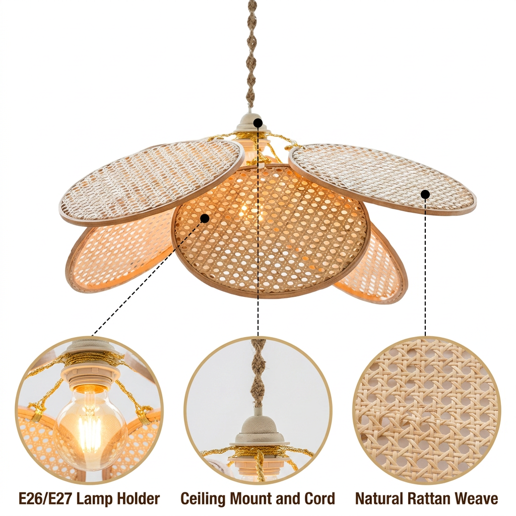 Ritta French Country Rattan Pendant Light with open cane weave forming a five-petal radial bloom, natural matte rattan, adjustable hardwired mount, warm E26 diffused glow