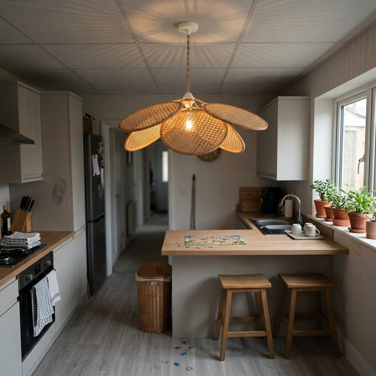 Ritta French Country Rattan Pendant Light over kitchen island, clustered blooms throwing warm cane-weave light across the counter for chopping and prep work