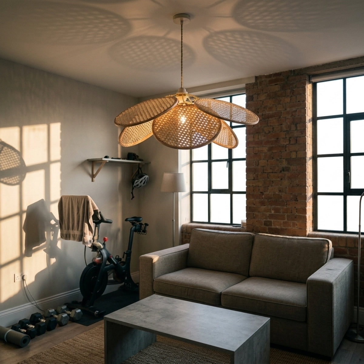 Ritta French Country Rattan Pendant Light in living room, open petals near the sofa casting ambient shadow play rather than direct task light below