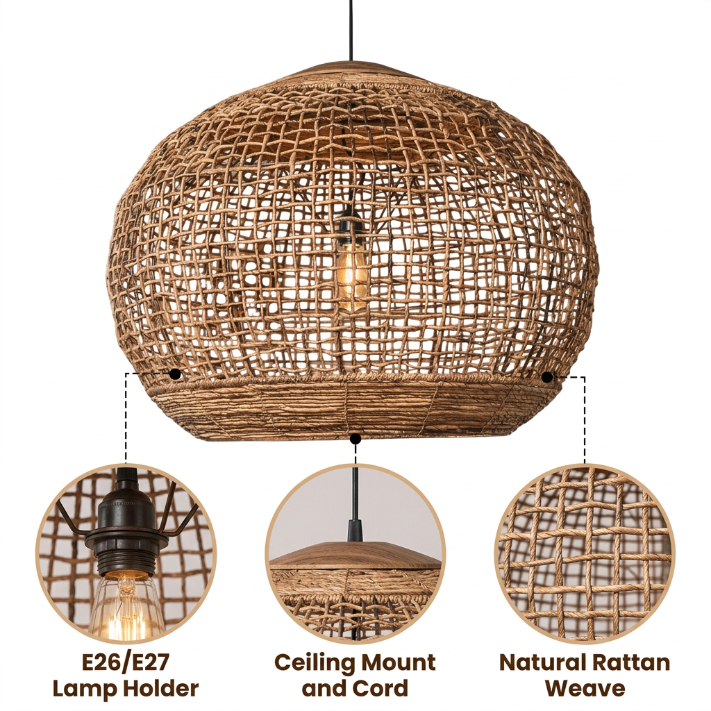 Rustic Globe Woven Pendant Light with open lattice weave in high-quality abaca bark, natural matte finish, adjustable hardwired mount, warm E26 ambient glow and soft shadow accents