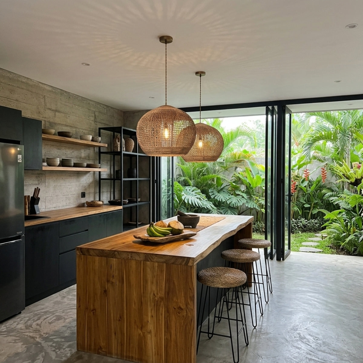 Rustic Globe Woven Pendant Light over kitchen island, clustered open-lattice abaca globe shades casting warm patterned light across a rustic wood prep counter