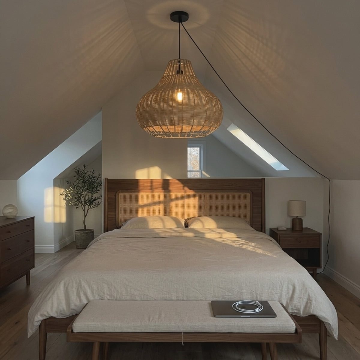 Rustic Pear Dome Wicker Rattan Pendant Light in bedroom, small woven dome beside the bed softening the glow for late reading without crowding the nightstand