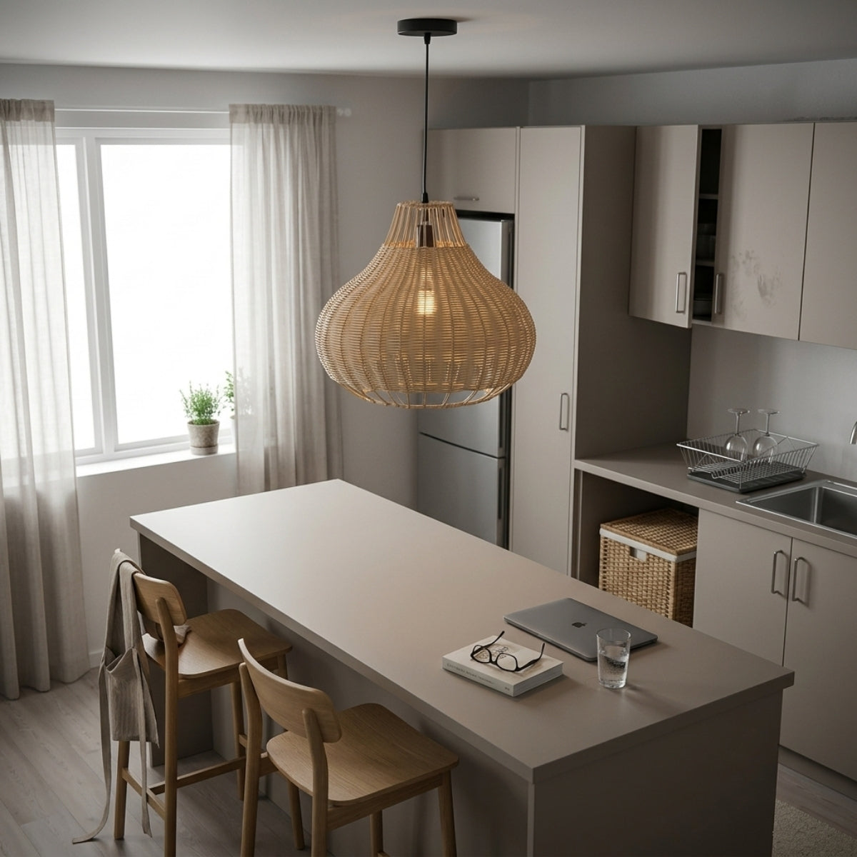 Rustic Pear Dome Wicker Rattan Pendant Light over kitchen island, clustered domes reading as one even line of woven light across the work surface