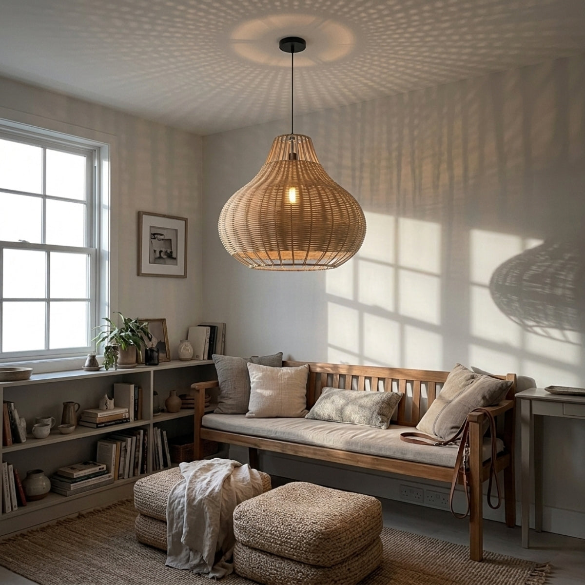 Rustic Pear Dome Wicker Rattan Pendant Light in living room, pear dome centered over the coffee table filtering ambient light without blocking the sofa sightline