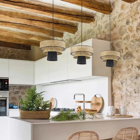 Rylie Drum Rattan Pendant Lamps hanging over kitchen island