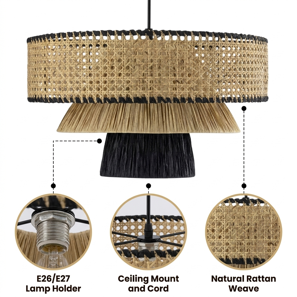 Rylie Rattan Black Pendant Light with open-weave rattan drum and tapered layered base, black matte finish, adjustable hardwired mount, warm E26 diffused ambient glow
