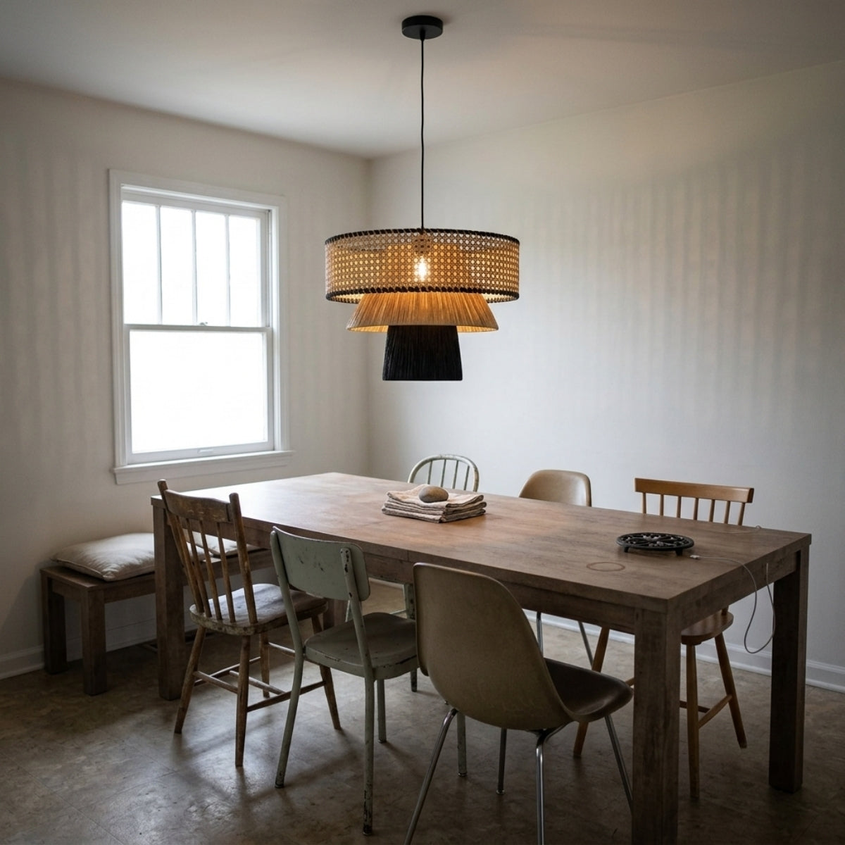 Rylie Rattan Black Pendant Light in dining room, tiered rattan drum spanning the table with open weave light and no blocked sightlines across the surface