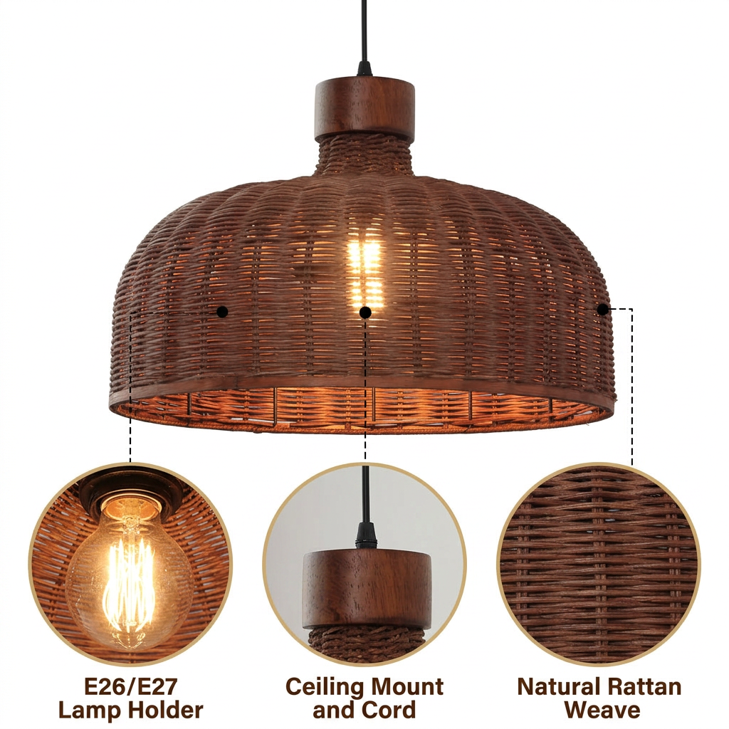 Sago Round Wicker Rattan Pendant Light with open wicker weave over a rounded dome frame, natural matte finish, adjustable hardwired mount, warm E26 downward glow