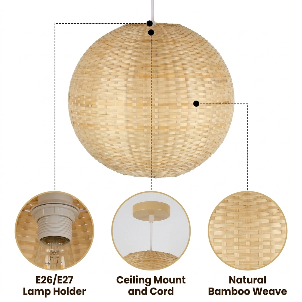 Santa Barbara Round Bamboo Pendant Light with open lattice grid weave, natural bamboo matte finish, adjustable hardwired mount, warm E26 ambient glow with soft shadow patterns