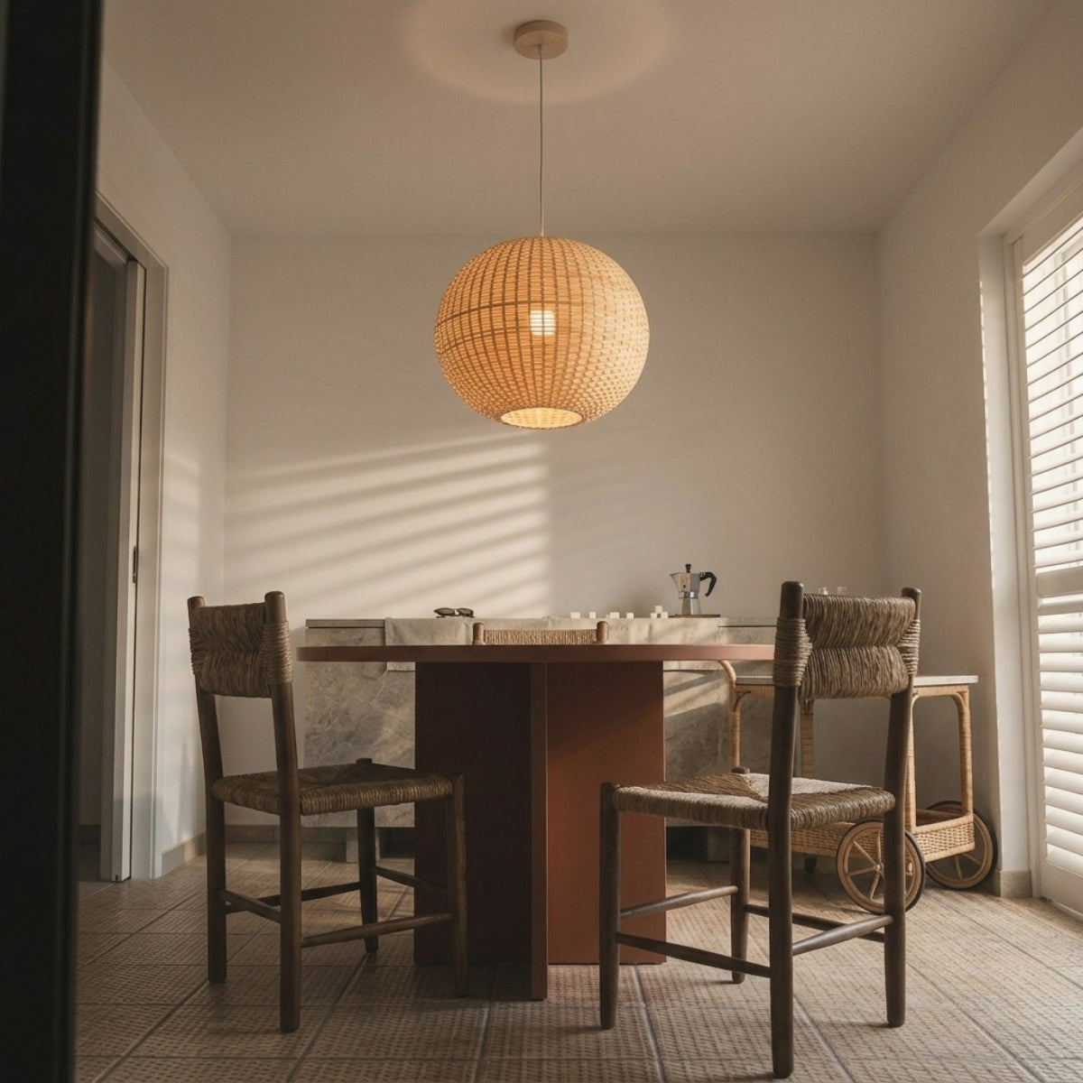 Santa Barbara Round Bamboo Pendant Light in dining room, bamboo lattice globe softening the bulb so no glare hits plates or glassware at the table