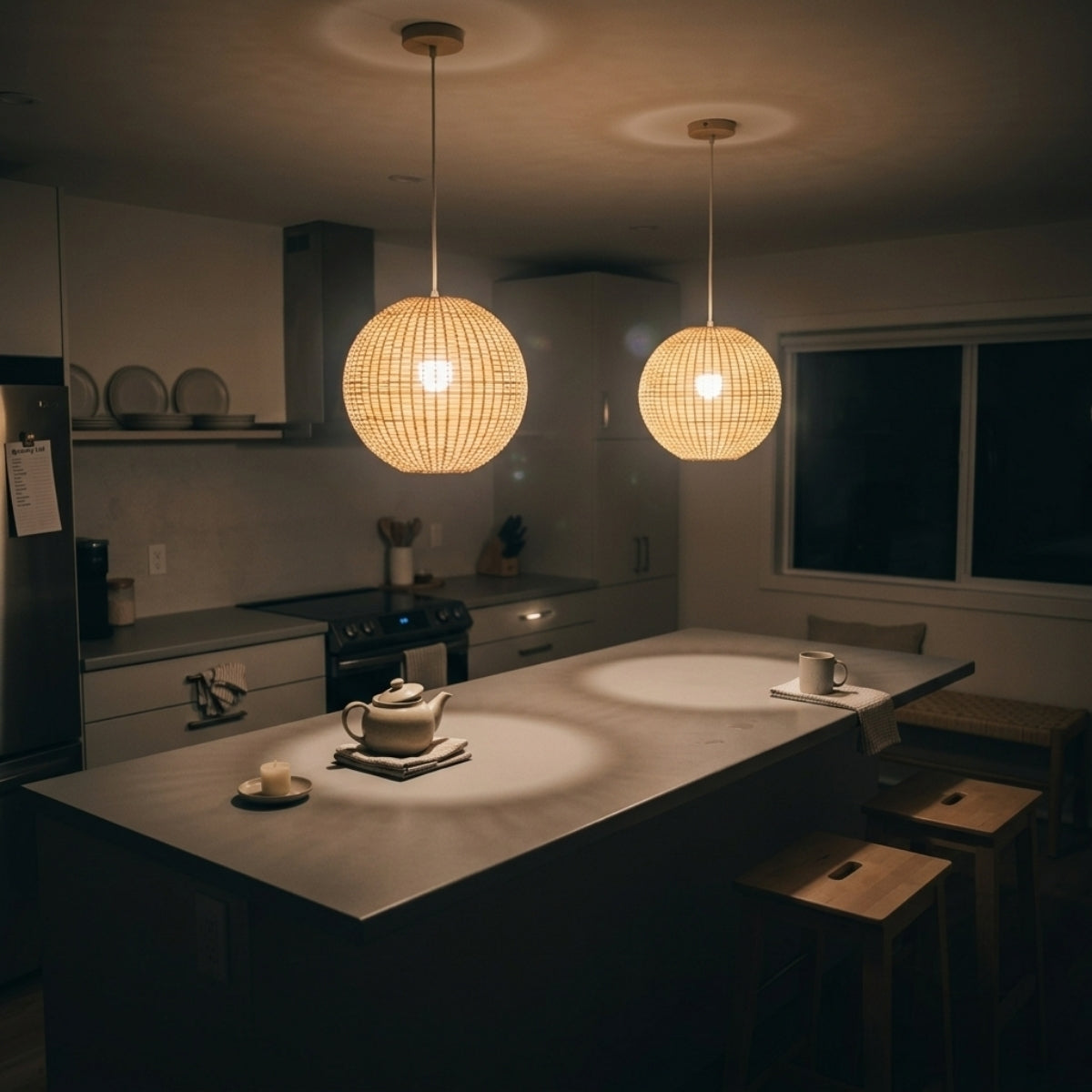 Santa Barbara Round Bamboo Pendant Light over kitchen island, clustered globes overlapping shadows softly so the counter stays bright for prep work