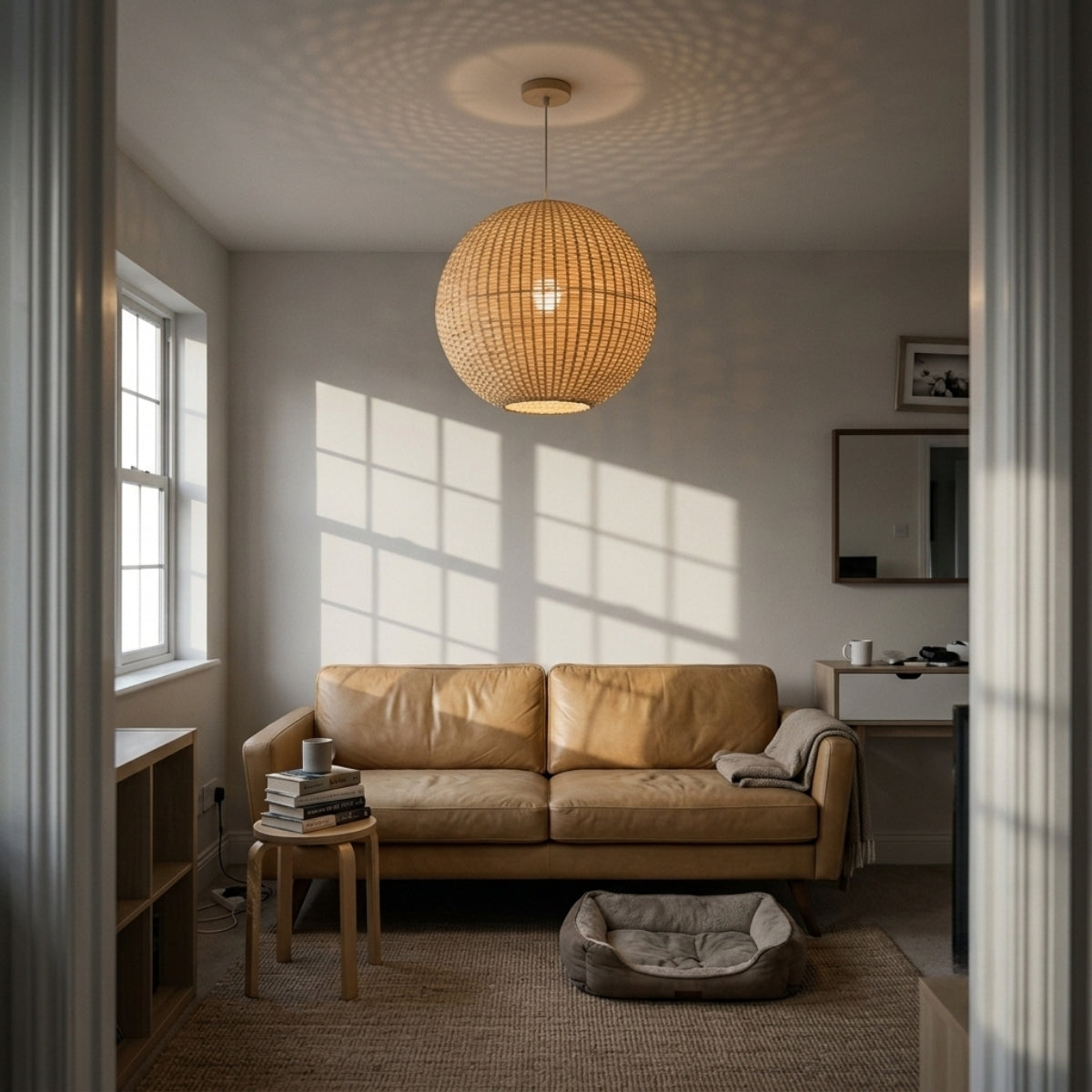 Santa Barbara Round Bamboo Pendant Light in living room, largest globe centered over the coffee table casting ambient light across the sofa without a harsh source