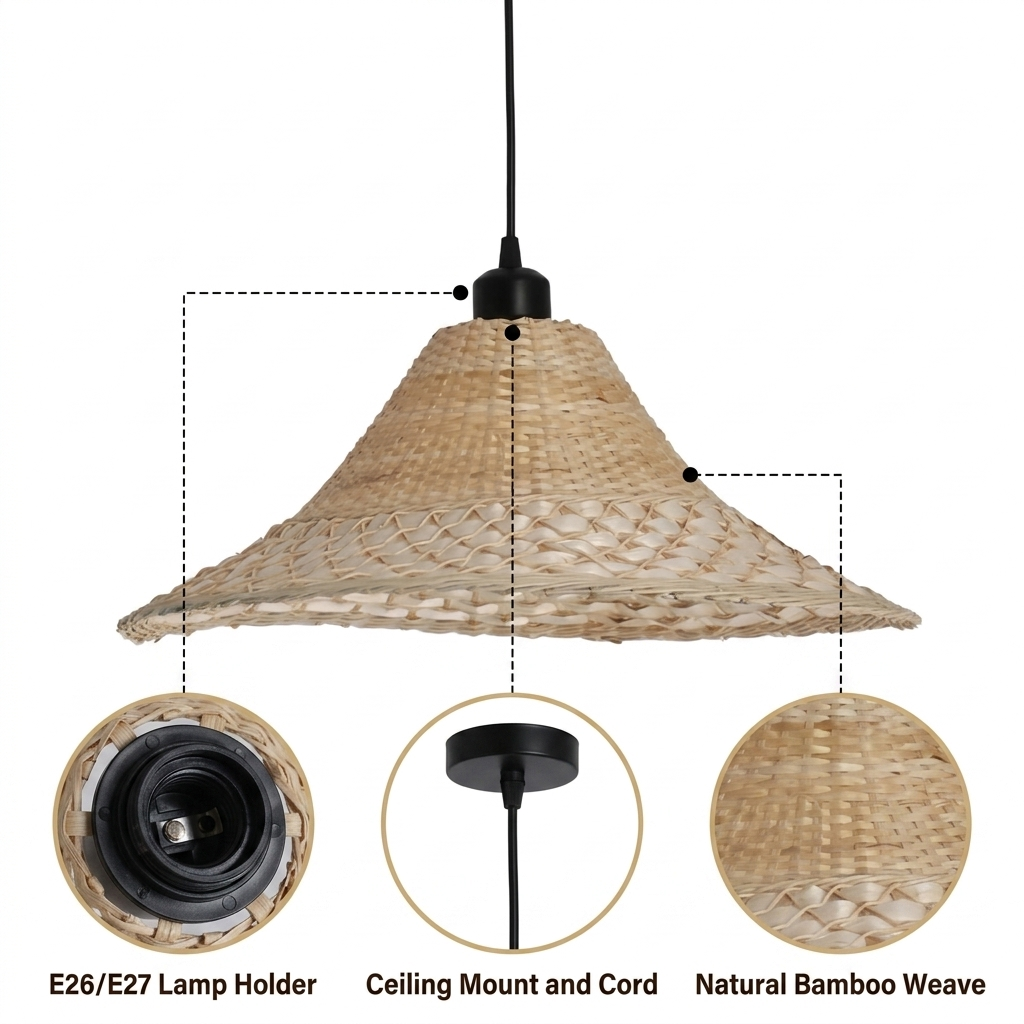 Savannah Bell Wicker Bamboo Pendant Light with dense woven crown and open lattice border, natural matte bamboo, adjustable hardwired mount, warm E26 downward glow