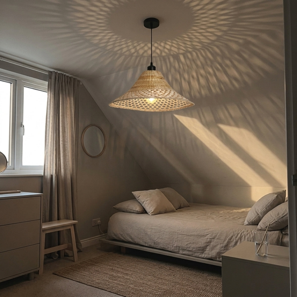 Savannah Bell Wicker Bamboo Pendant Light in bedroom, bell shade beside the bed throwing lattice shadow patterns on the wall instead of glare at eye level