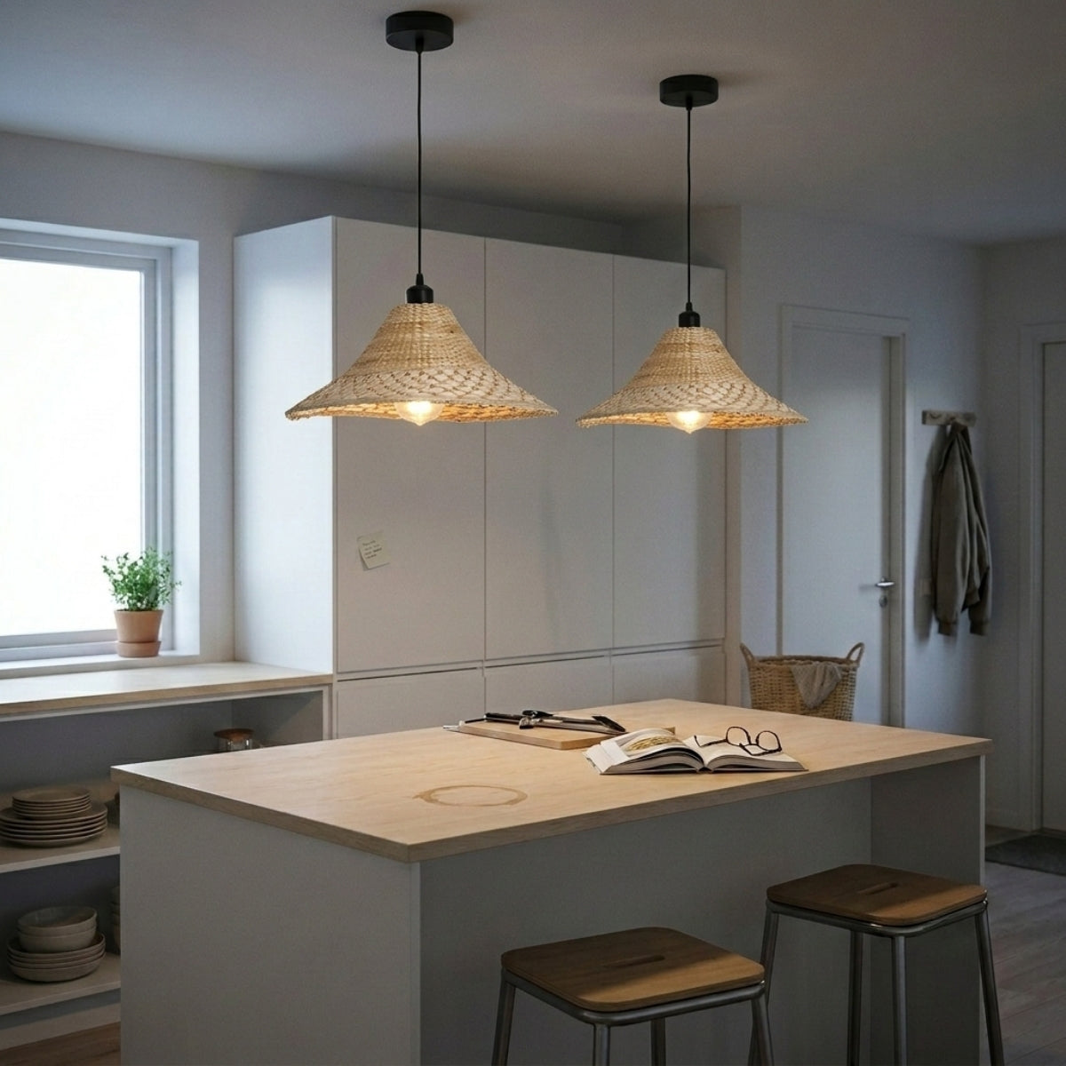 Savannah Bell Wicker Bamboo Pendant Light over kitchen island, clustered bells overlapping light evenly across the counter for prep work