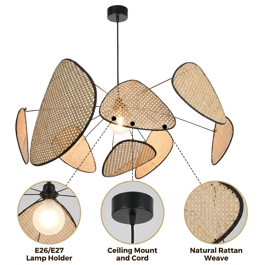 Screen Cannage Giant Rattan Pendant Light with asymmetrical triangular panel weave, natural matte rattan, adjustable hardwired mount, warm E26 glow and soft organic shadow contours