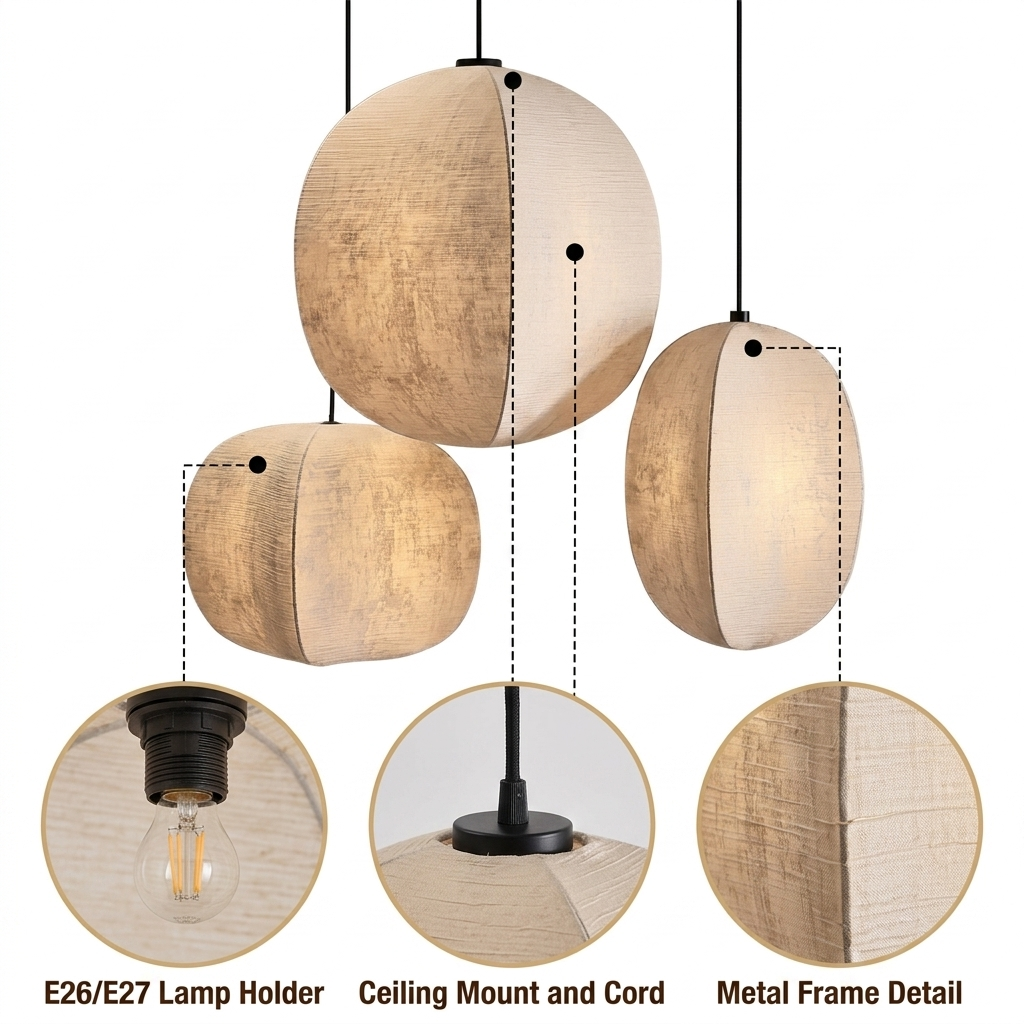 Set 3 Japanese Wabi Sabi Silk Lantern Pendant Light with hand-stretched silk panels over metal ribs, light brown matte finish, adjustable hardwired mount, warm E26 downward glow