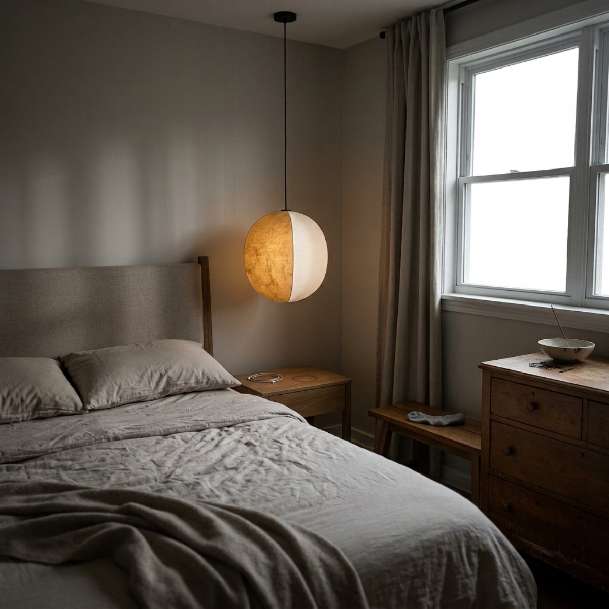 Set 3 Japanese Wabi Sabi Silk Lantern Pendant Light in bedroom, compact rounded lantern beside the bed pairing with a dimmer for late reading