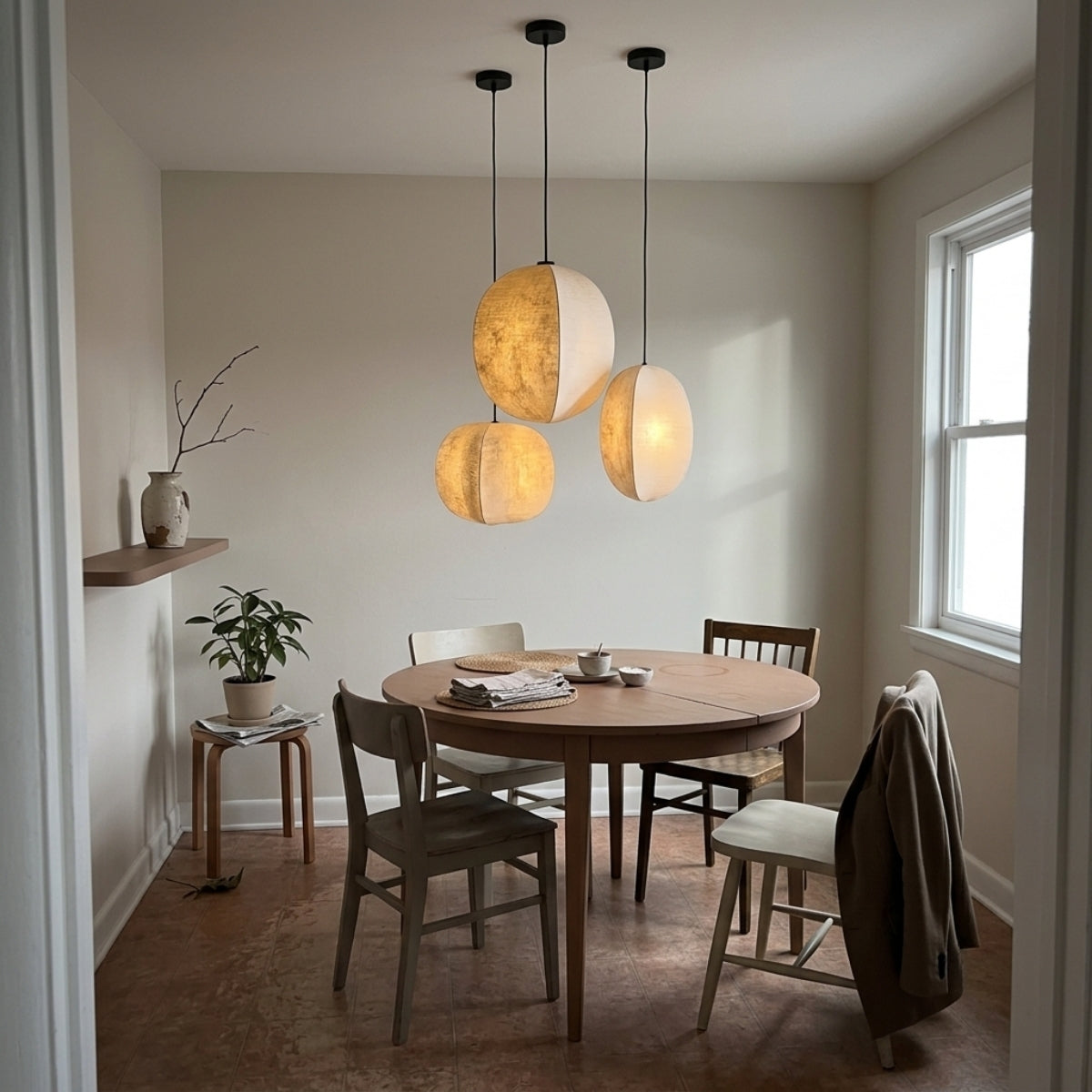 Set 3 Japanese Wabi Sabi Silk Lantern Pendant Light in dining room, tall oval lantern sized so its height clears sightlines across the table without glare