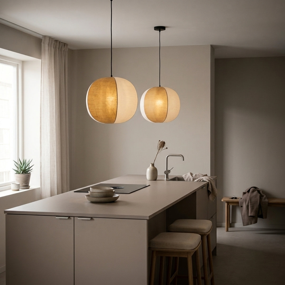 Set 3 Japanese Wabi Sabi Silk Lantern Pendant Light over kitchen island, slim lanterns in a row keeping light even across the counter for prep work