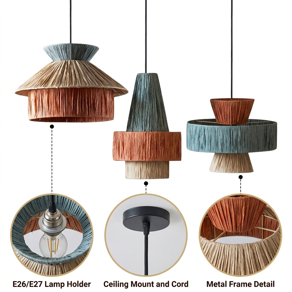 Set 3 Raffia Wabi Sabi Paper Pendant Light with tiered layered raffia strands over a paper base, mix color matte finish, adjustable hardwired mount, warm E26 downward glow