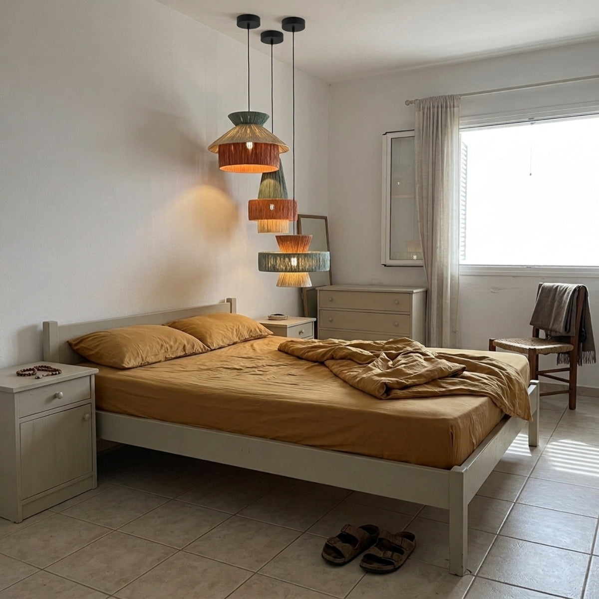 Set 3 Raffia Wabi Sabi Paper Pendant Light in bedroom, compact tiered shade fitting the nightstand footprint without crowding the headboard wall