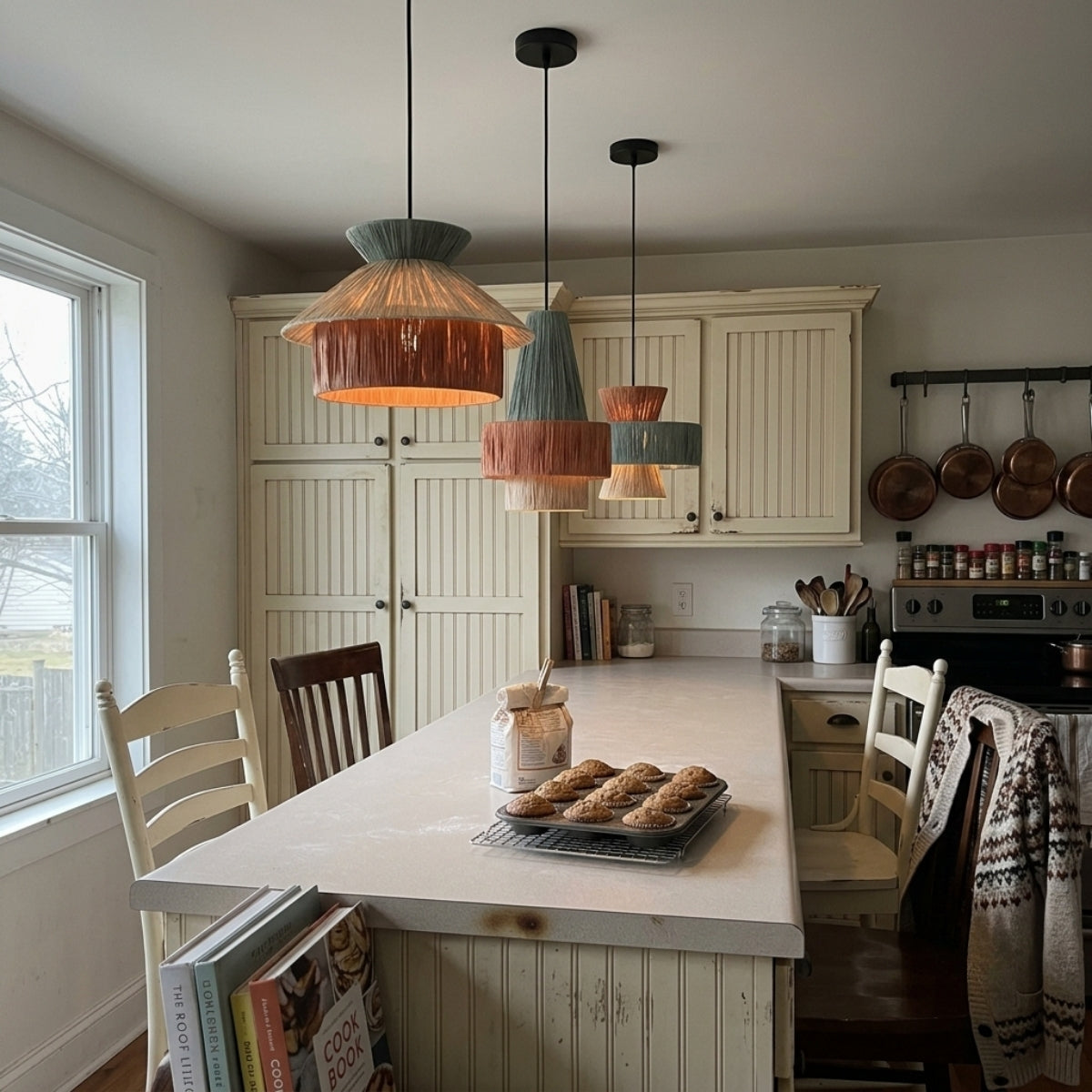 Set 3 Raffia Wabi Sabi Paper Pendant Light over kitchen island, tiered shades repeating down the run so raffia layers do not overlap visually