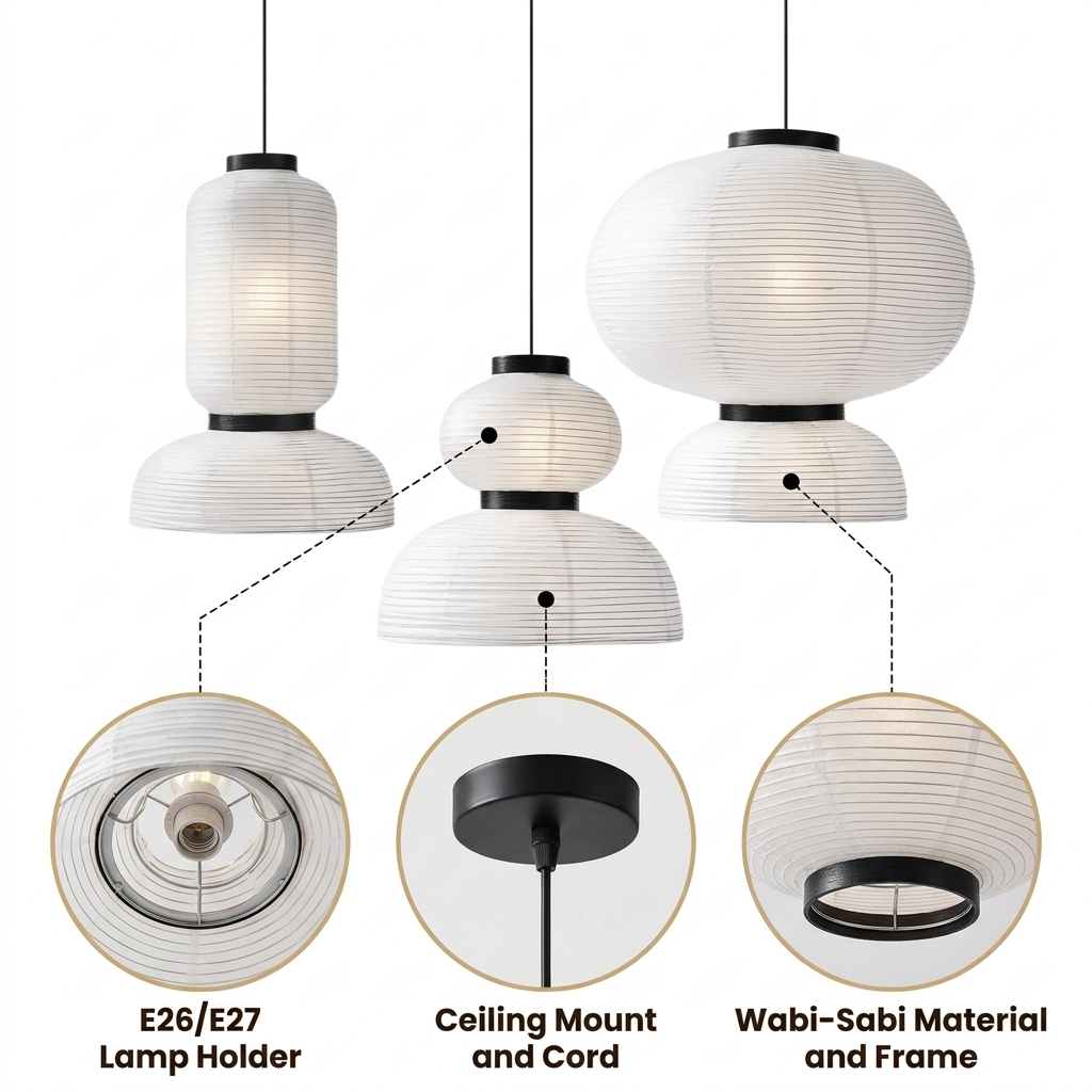 Set 3 Wabi Sabi Hourglass Pendant Light with delicate pleated rice paper folds, white matte finish, adjustable hardwired mount, warm E26 downward glow and soft ambient wash