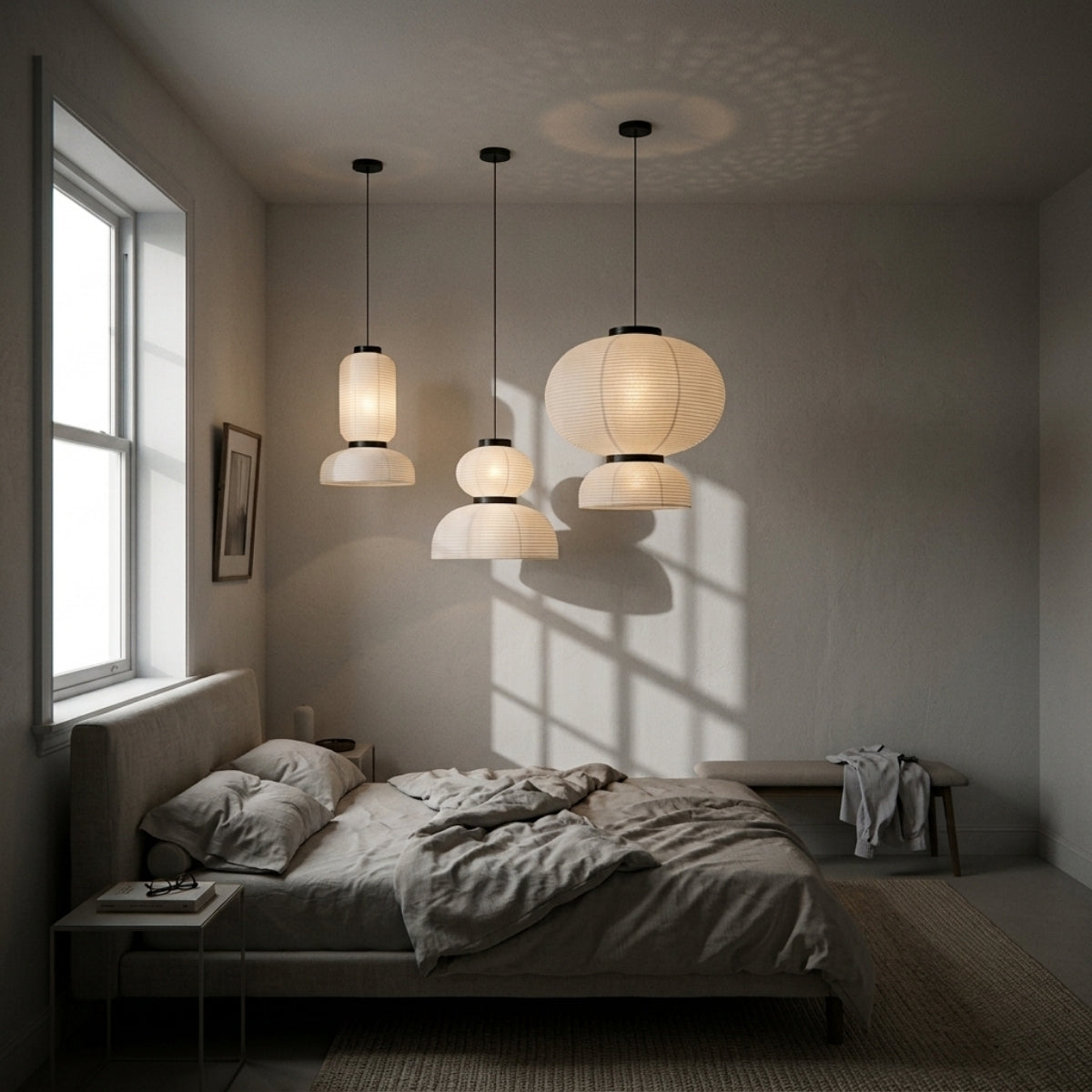Set 3 Wabi Sabi Hourglass Pendant Light in bedroom, pleated hourglass shade sitting close to the nightstand keeping the glow soft for late reading