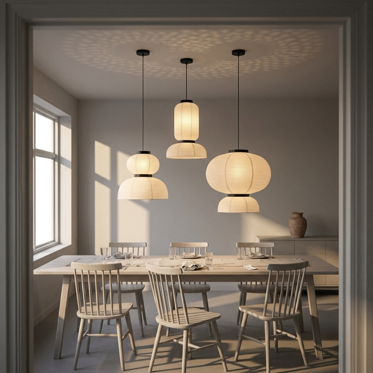 Set 3 Wabi Sabi Hourglass Pendant Light in dining room, hourglass shade covering the tabletop without glaring into seated eyes across the table