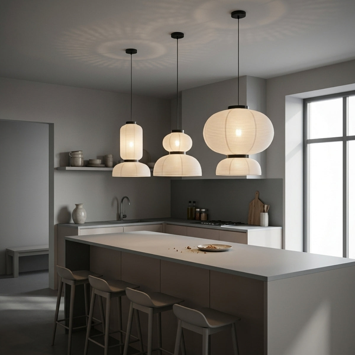 Set 3 Wabi Sabi Hourglass Pendant Light over kitchen island, grand hourglass shade anchoring the center flanked by smaller pleated shades at each end