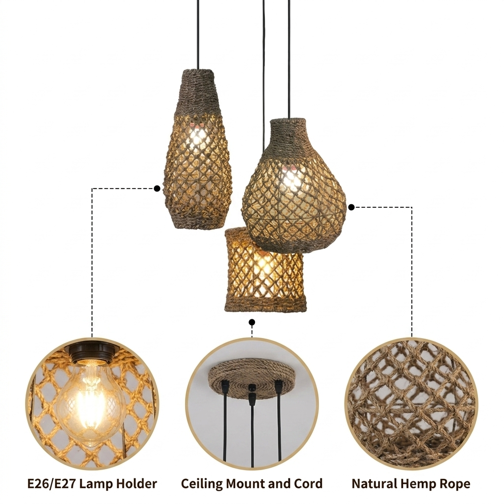 Shaun Small Basket Wicker Woven Pendant Light with diamond-lattice weave in natural jute, matte finish, adjustable hardwired mount, three E26 sockets for balanced ceiling and downward light