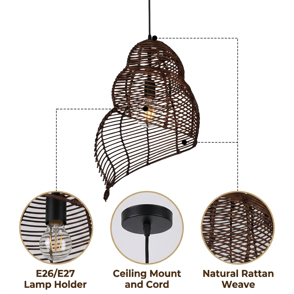Shell Spiral Black Rattan Pendant Light with dense spiral coil weave, black matte natural rattan finish, adjustable hardwired mount, warm E26 glow and soft organic shadow contours