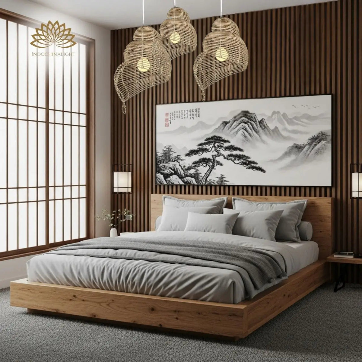 Shell Spiral Black Rattan Pendant Light in bedroom, small spiral clearing the nightstand and casting soft filtered light for reading without crowding the space