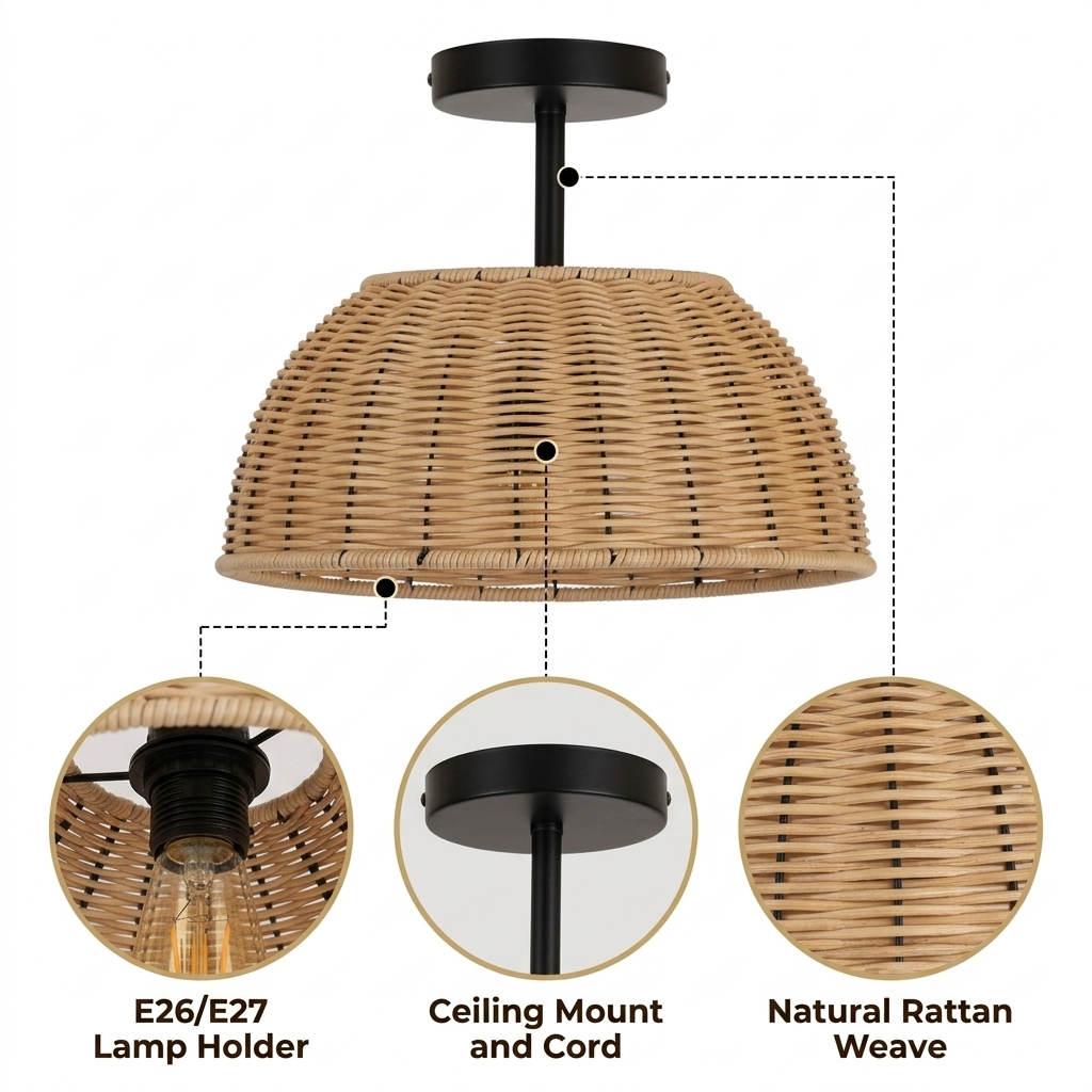 Sherley Boho Wicker Rattan Pendant Light with dense horizontal wicker dome weave, natural matte finish, adjustable-cord ceiling mount, one E26 socket for warm ambient glow