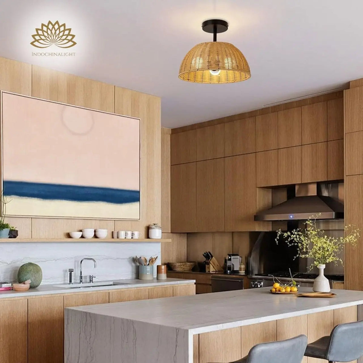 Sherley Boho Wicker Rattan Pendant Light over kitchen island, clustered 19.7-inch domes spreading higher lumen output evenly across the whole prep surface
