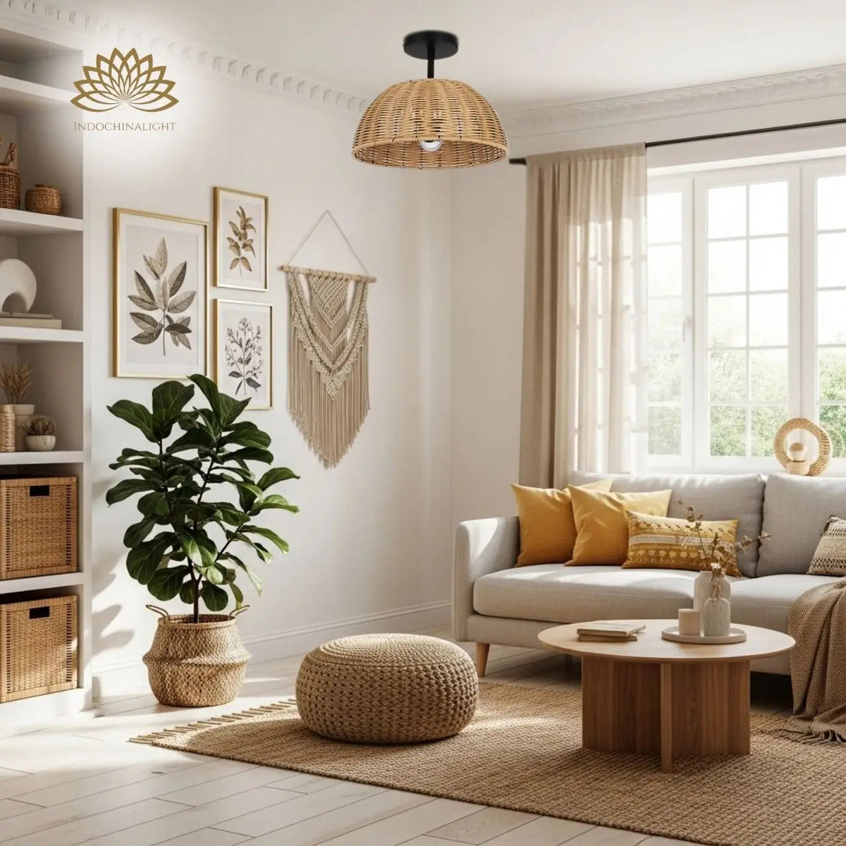 Sherley Boho Wicker Rattan Pendant Light in living room, 19.7-inch dome centered over the seating group with shadow pattern reading as ambient light above the coffee table
