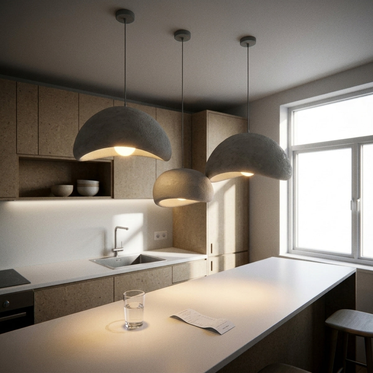 Shibui Wabi Sabi Pendant Light over kitchen island, clustered shells spreading light evenly across the counter without leaving dark gaps between fixtures