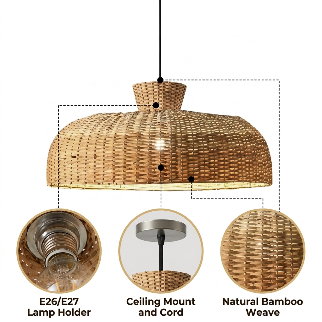 Shihadi Wicker Bamboo Pendant Light with tight basket weave bamboo shade, natural matte finish, adjustable-cord ceiling mount, one E26 socket for warm ambient glow