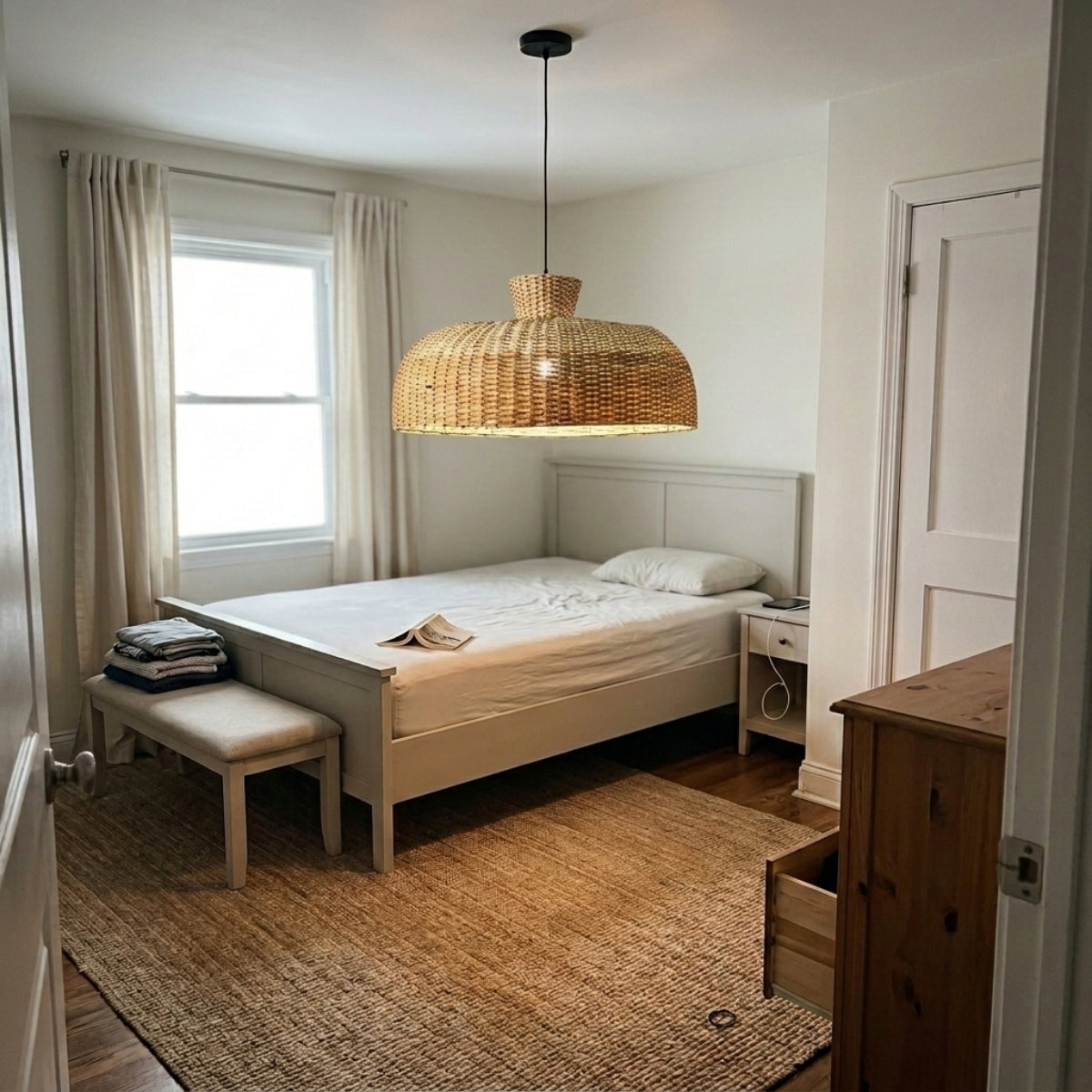 Shihadi Wicker Bamboo Pendant Light in bedroom, compact 15.7-inch dome taking the place of a table lamp beside the bed with a small clearing footprint