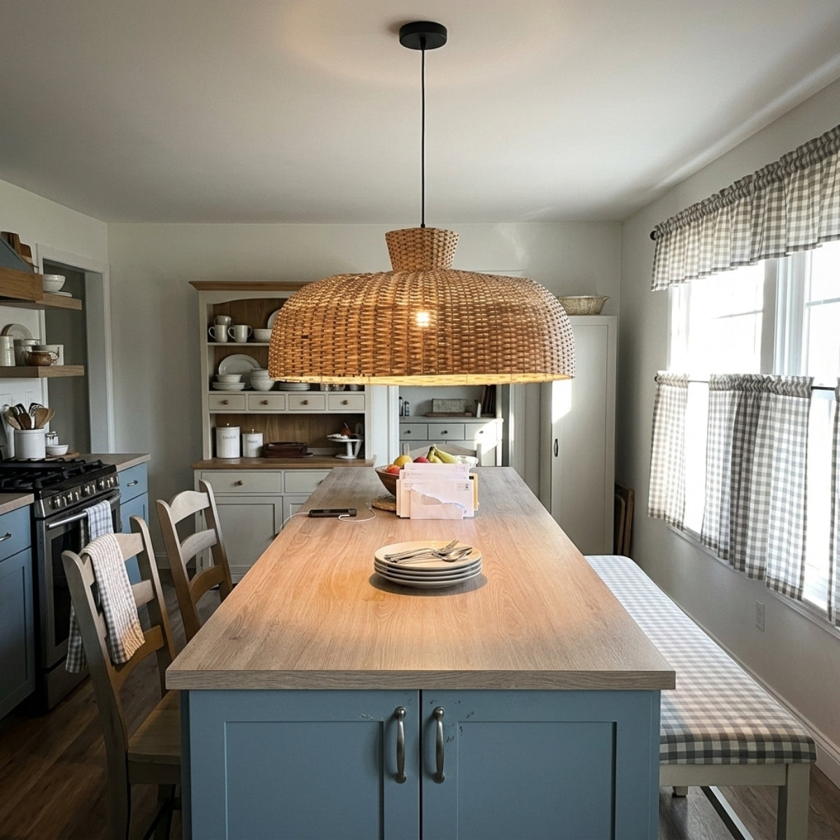 Shihadi Wicker Bamboo Pendant Light over kitchen island, clustered domes keeping lumens high across the prep surface without one oversized fixture blocking sightlines