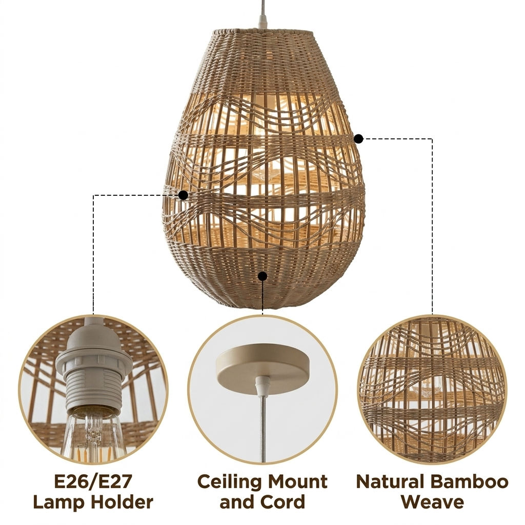 Shiri Wicker Bamboo Rattan Pendant Light with alternating dense basketweave and open geometric bands, natural matte finish, adjustable-cord mount, one E26 socket for ambient glow