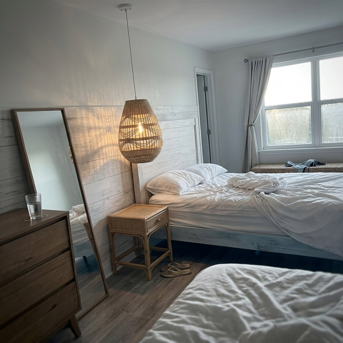 Shiri Wicker Bamboo Rattan Pendant Light in bedroom, low-profile 11.8-inch teardrop hung beside the bed keeping a clear sightline to the door