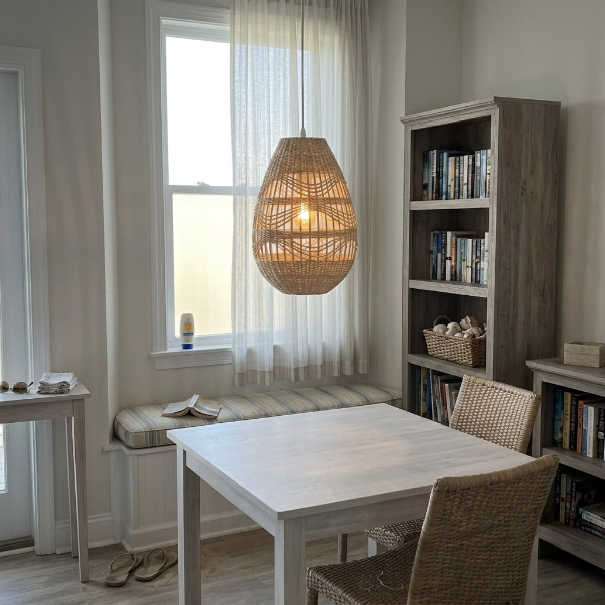 Shiri Wicker Bamboo Rattan Pendant Light in dining room, 15.7-inch teardrop centered above the tabletop covering a standard table without glare hitting seated guests
