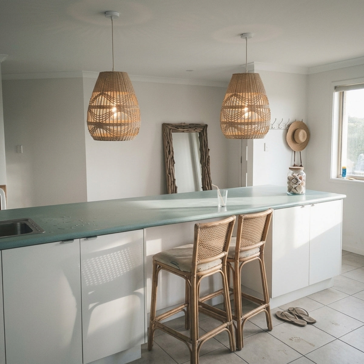 Shiri Wicker Bamboo Rattan Pendant Light over kitchen island, three clustered teardrops in a row giving even task light across the work surface