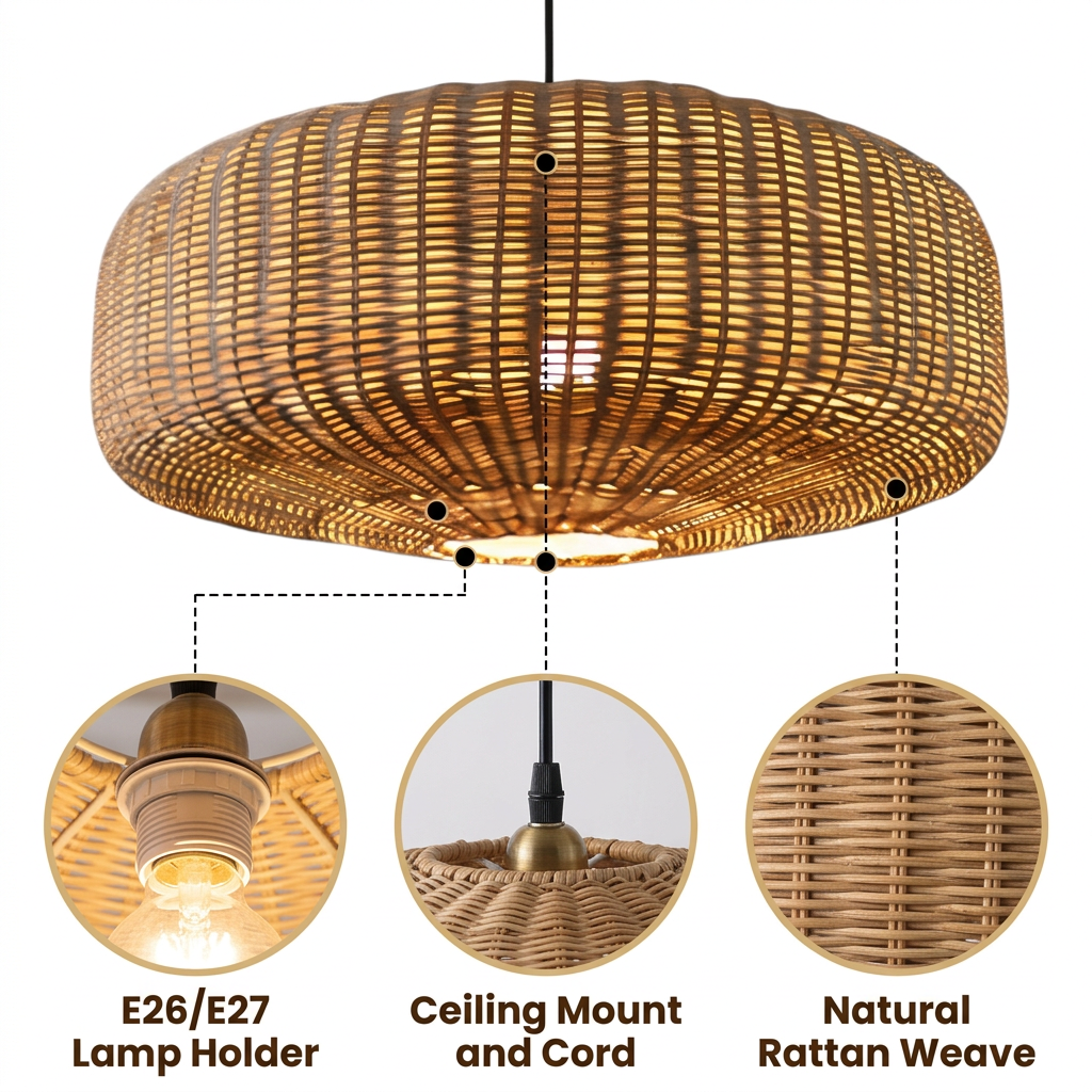 Sia Wicker Drum Pendant Light with open-weave rattan basket weave, natural matte finish, adjustable-cord ceiling mount, one E26 socket for balanced ambient glow